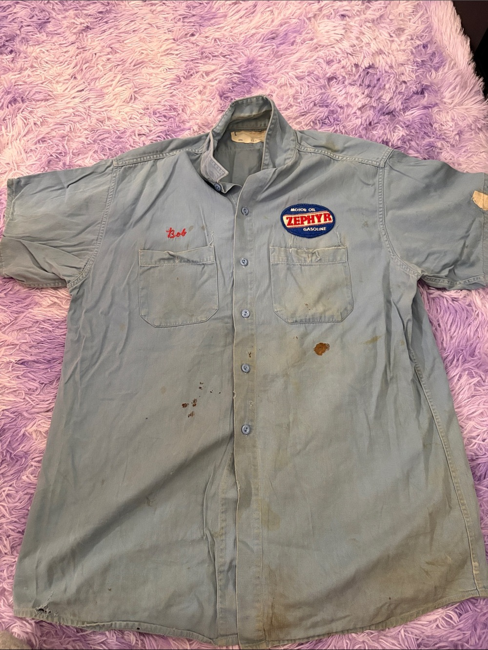 Vintage Zephyr Light Blue Men's Button-Front Work Shirt with Patch